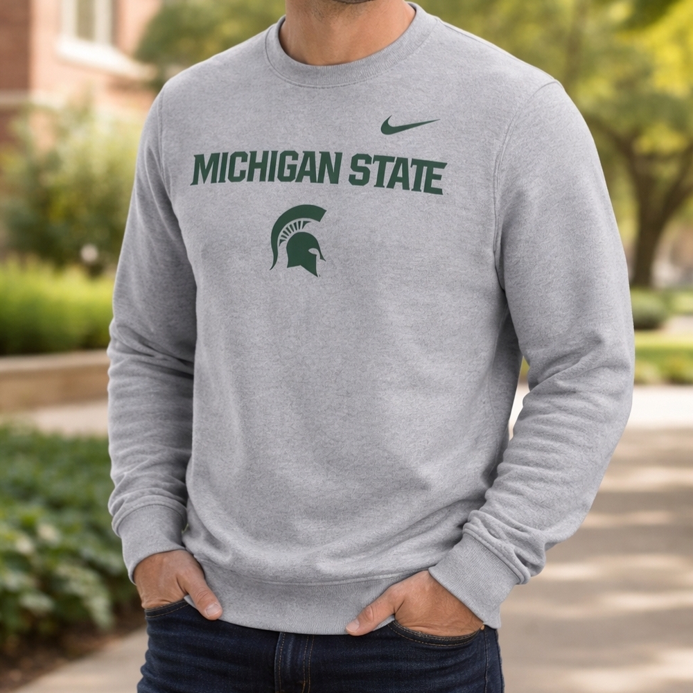 * Nike Mens Michigan State Spartan Primary Stack Crewneck Sweatshirt Gray Large